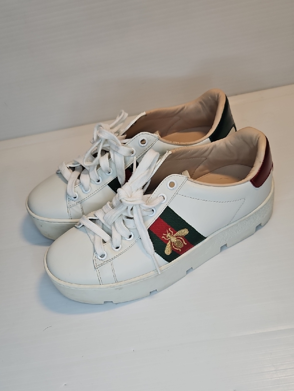 Authentic Gucci Ace Bee Platform Chunky Sneakers White Leather – Size 36 / US 6 - Picture 4 of 12